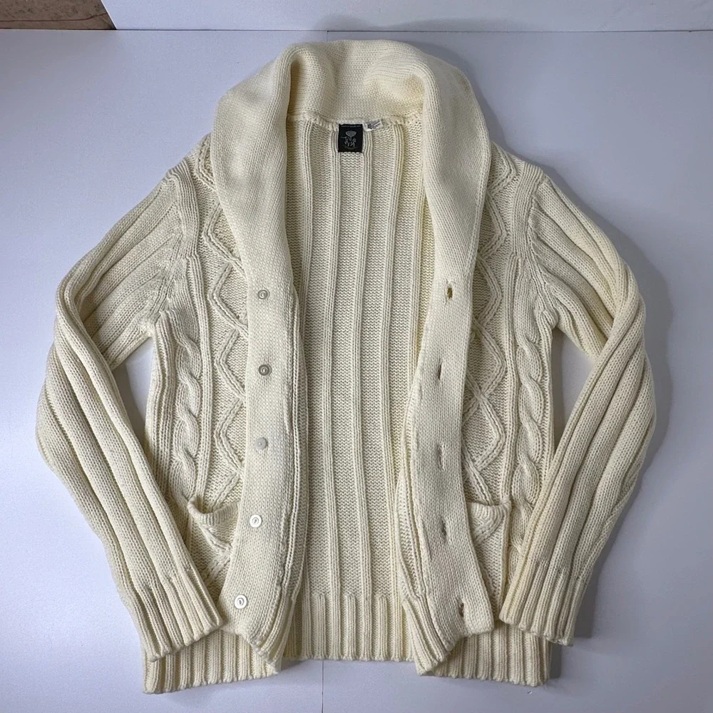 Vintage Unicorn Cable Knit Cardigan Sweater Cream Shawl Collar Fisherman Sz M